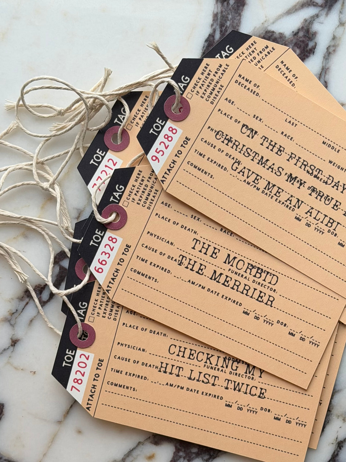 Toe Tag Ornaments